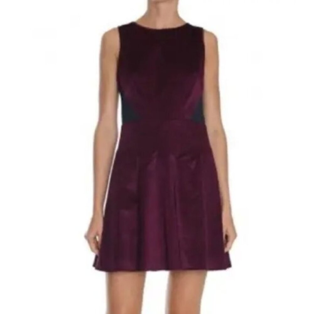 Tibi Maroon Velvet Black Mesh Skater Dress, Size 4